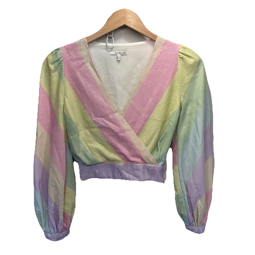 Olivia Rubin Kendall Sequin Wrap Top XS Rainbow Stripe Crop Party Y2K